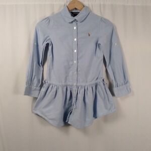 Ralph Lauren Girls Button Up Shirt Dress Drop Waist Ruffle Skirt Flesh Pony Sz 7